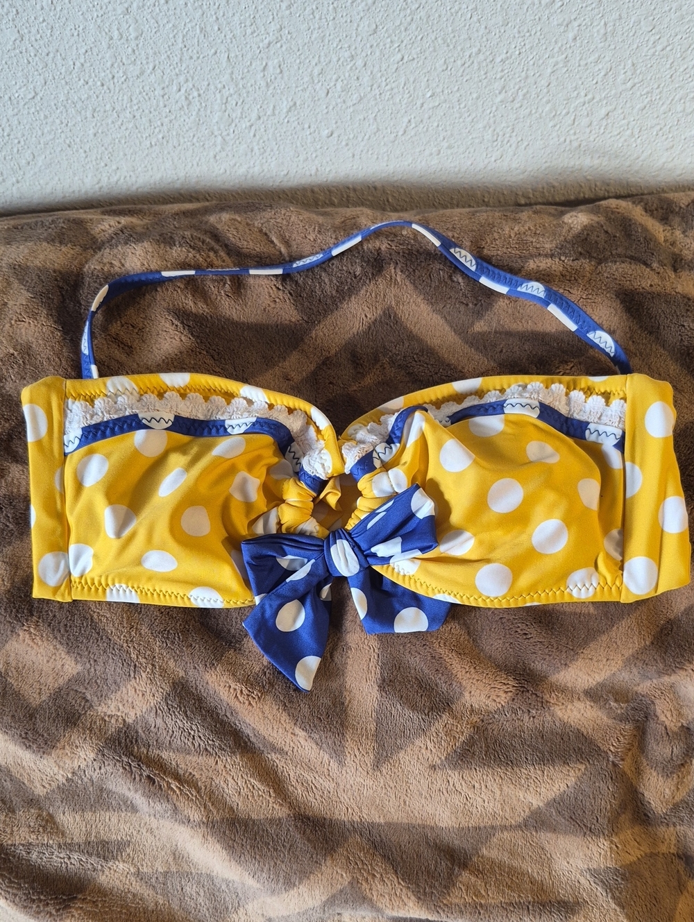 Betsey Johnson Yellow Polka Dot Bikini Top with Blue Bow Accent